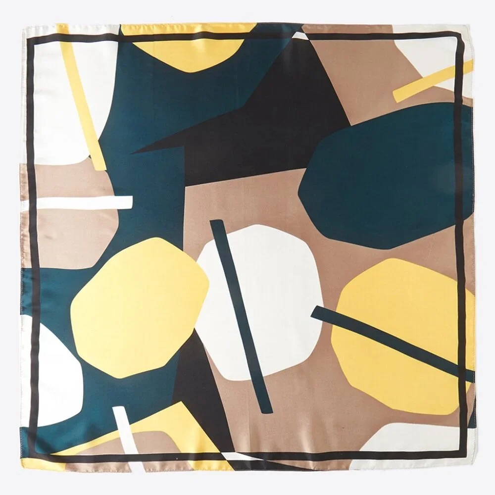 Multi Geometric Printed Square Silky Satin Bandana Scarf Bag Scarf Green Beige